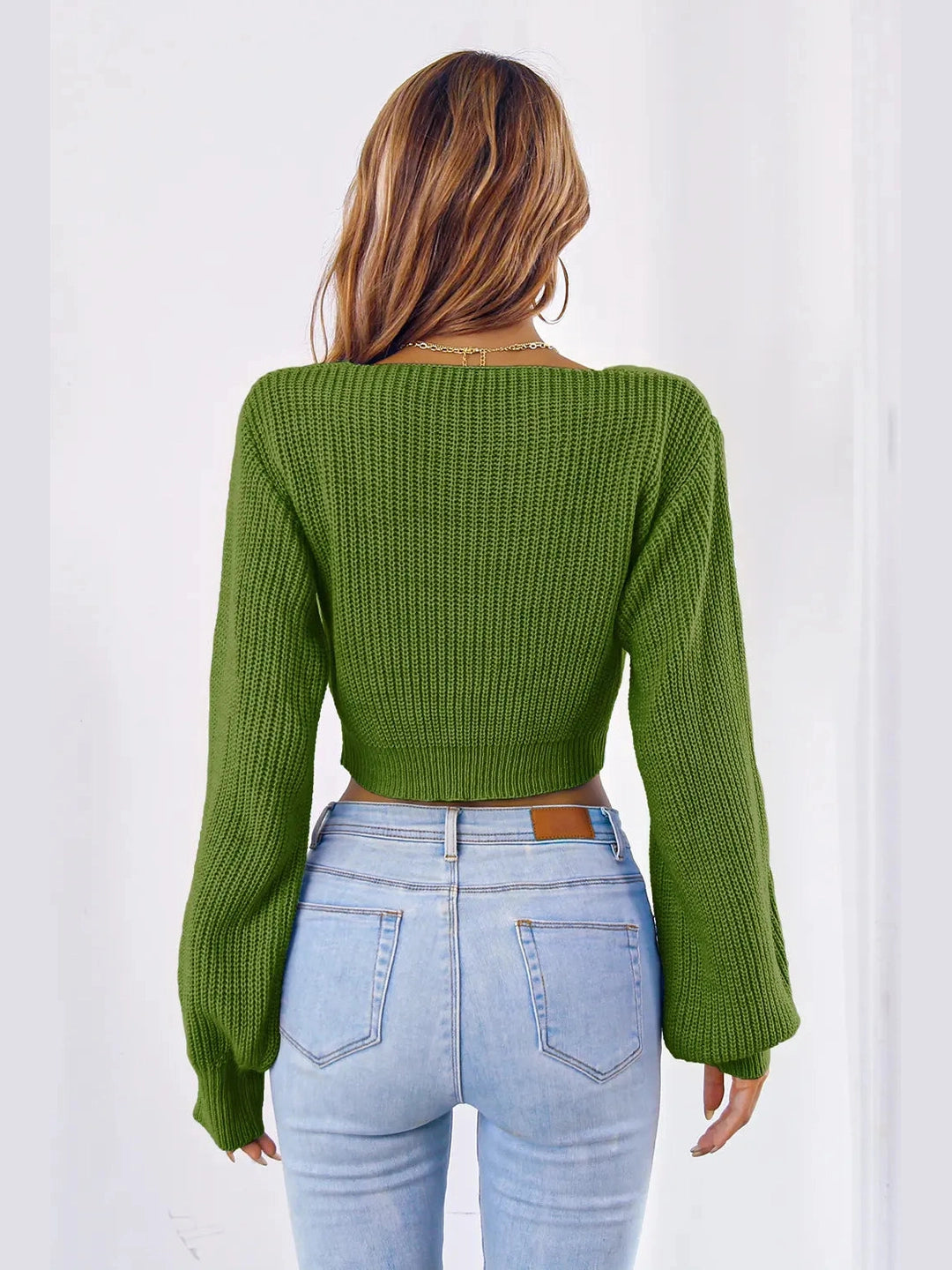 Bow V-Neck Long Sleeve Cropped Sweater nicholesgifts