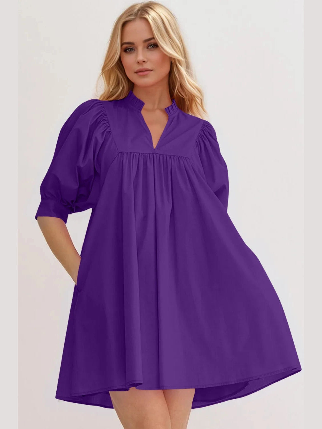Oh Frill Notched Puff Sleeve Babydoll Mini Dress NicholesGifts