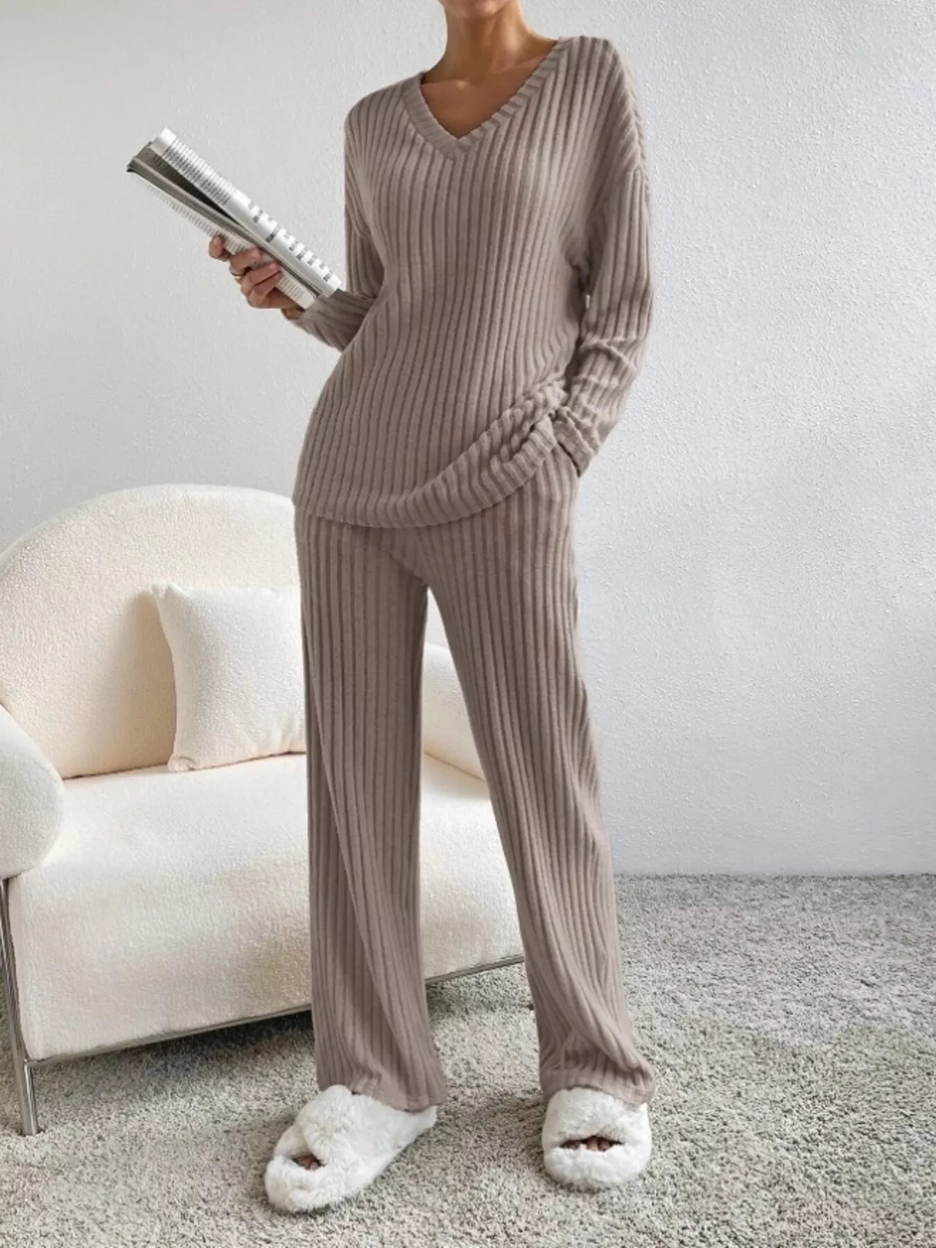 Ribbed Knit V-Neck Top and Pants Set nicholesgifts
