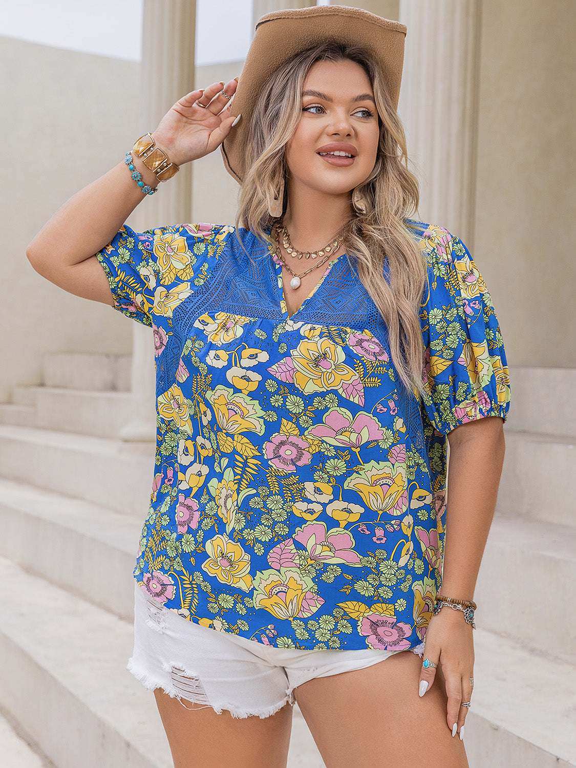 Plus Size Printed Notched Short Sleeve Blouse nicholesgifts