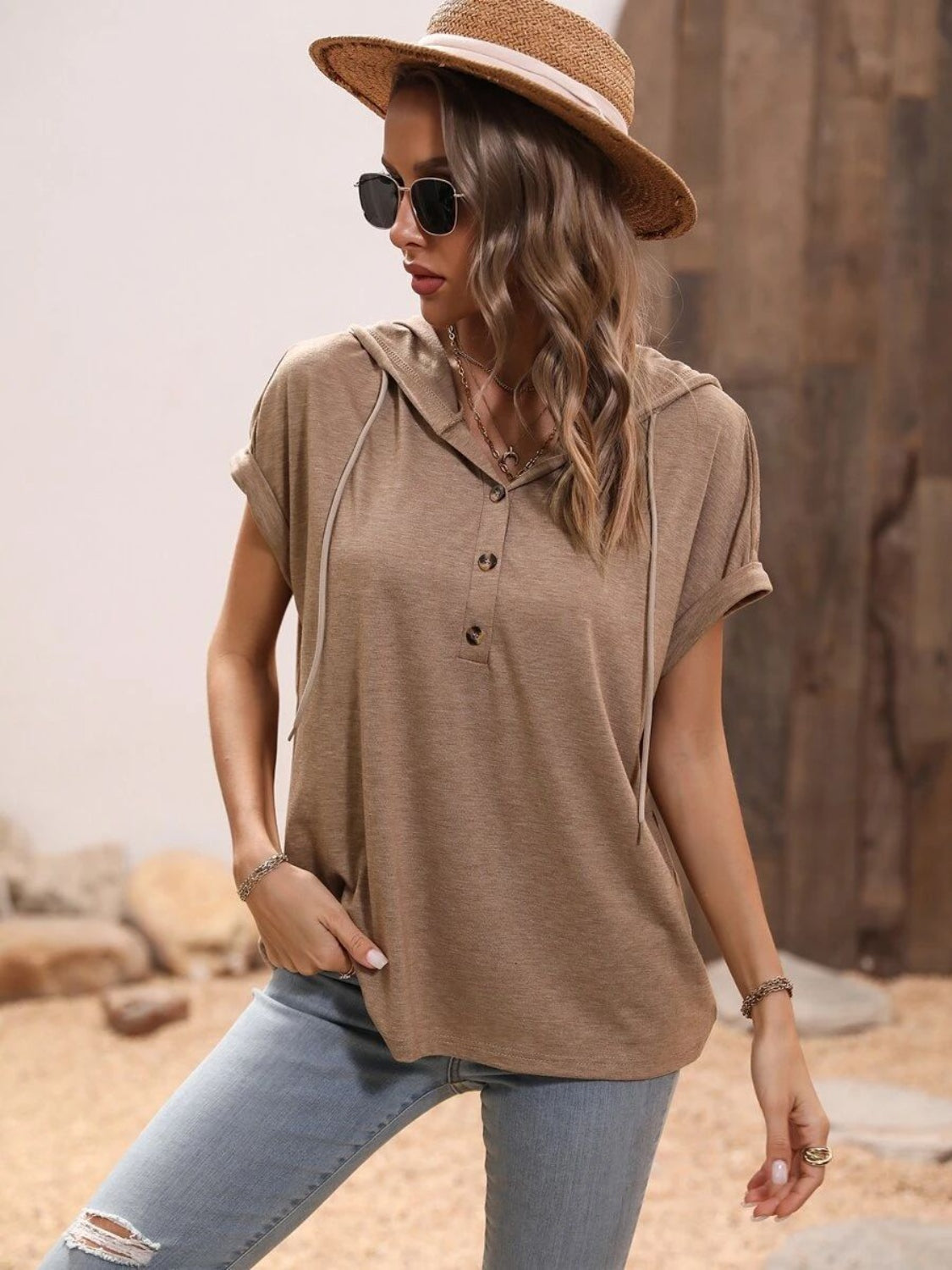 Half Button Hooded Short Sleeve Blouse nicholesgifts