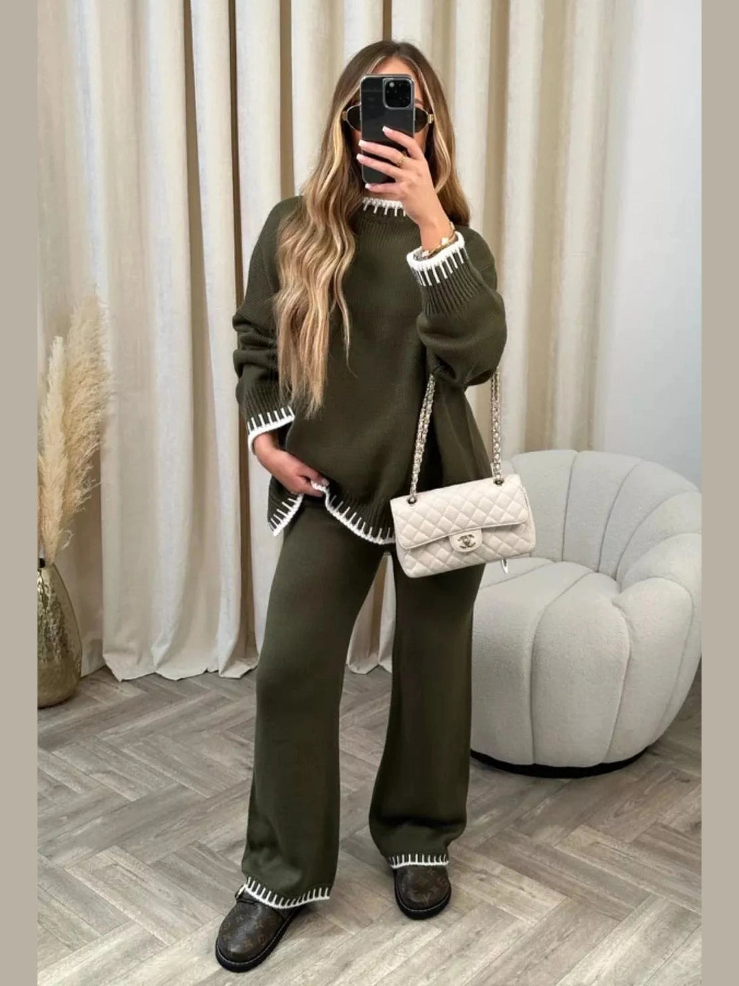 Contrast Trim Round Neck Top and Pants Sweater Set nicholesgifts