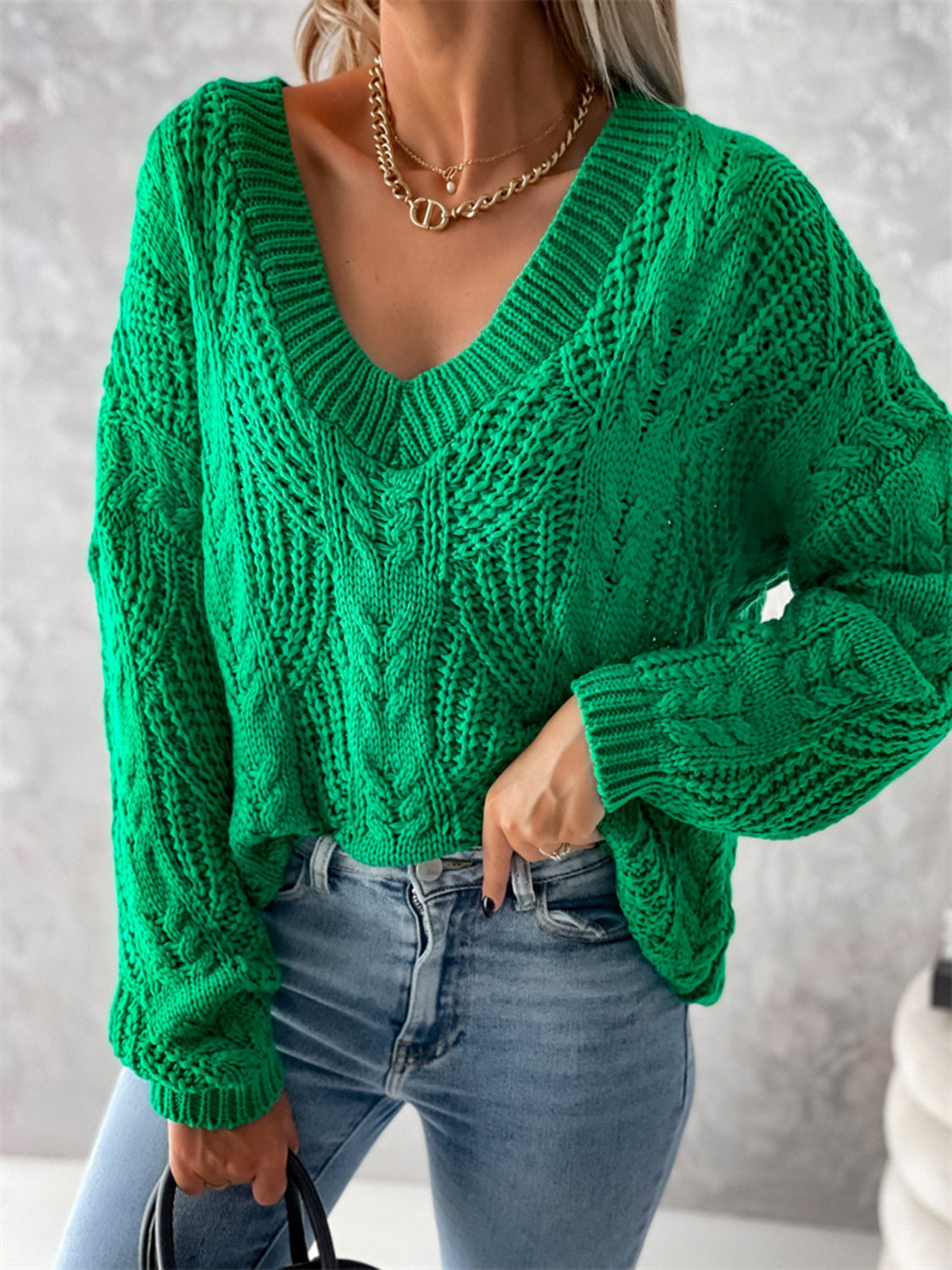 V-Neck Cable-Knit Long Sleeve Sweater nicholesgifts