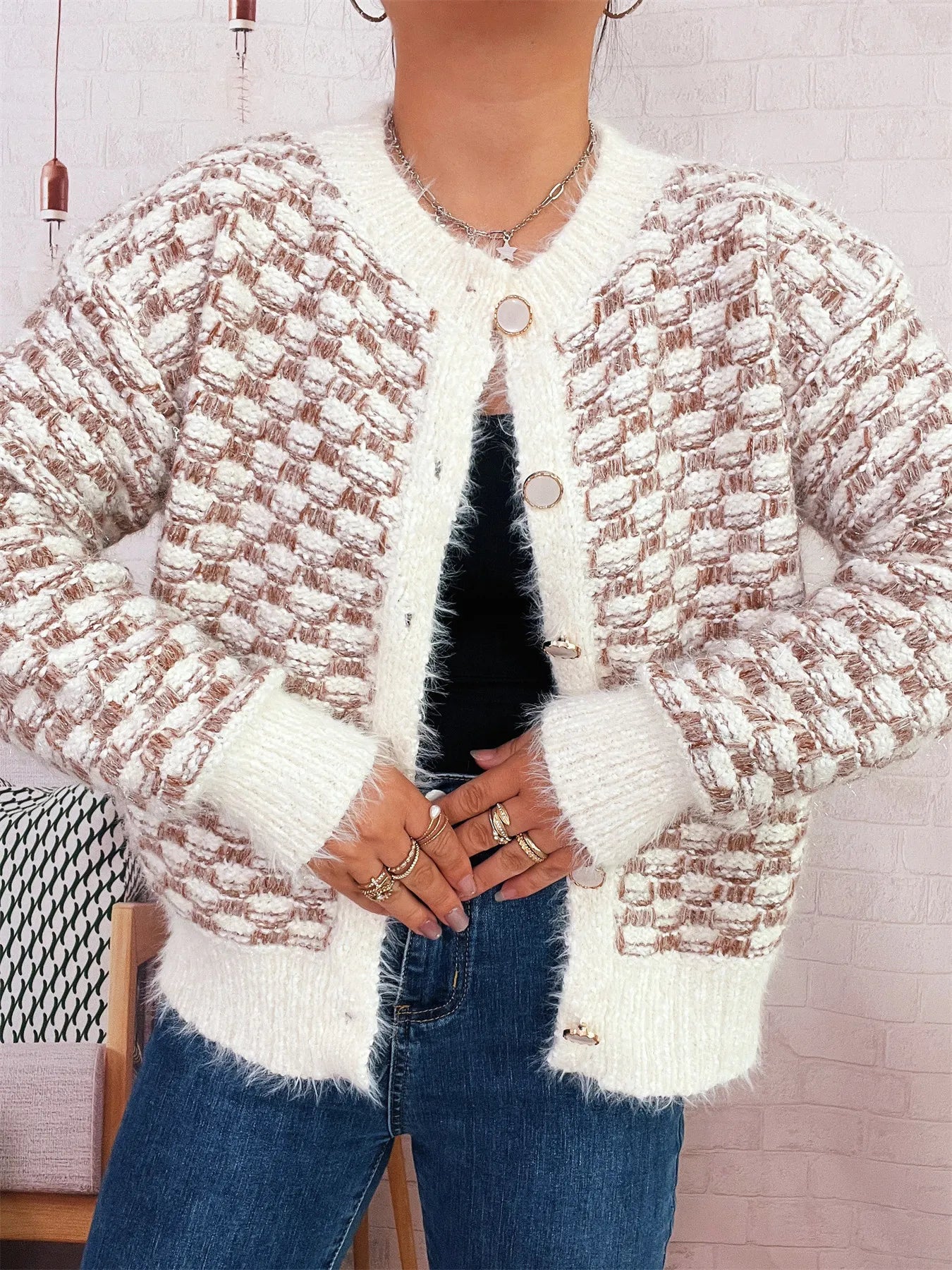 Fluffy Textured Button-Up Cardigan