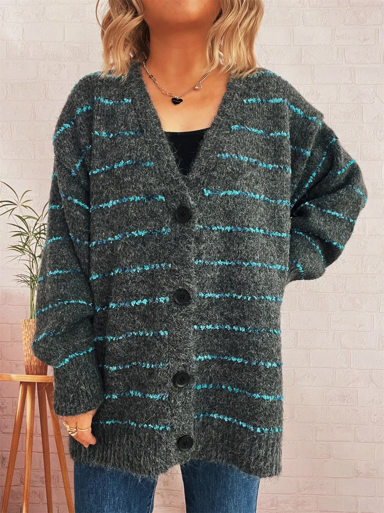 Striped Button-Up Cardigan with V-Neck Design