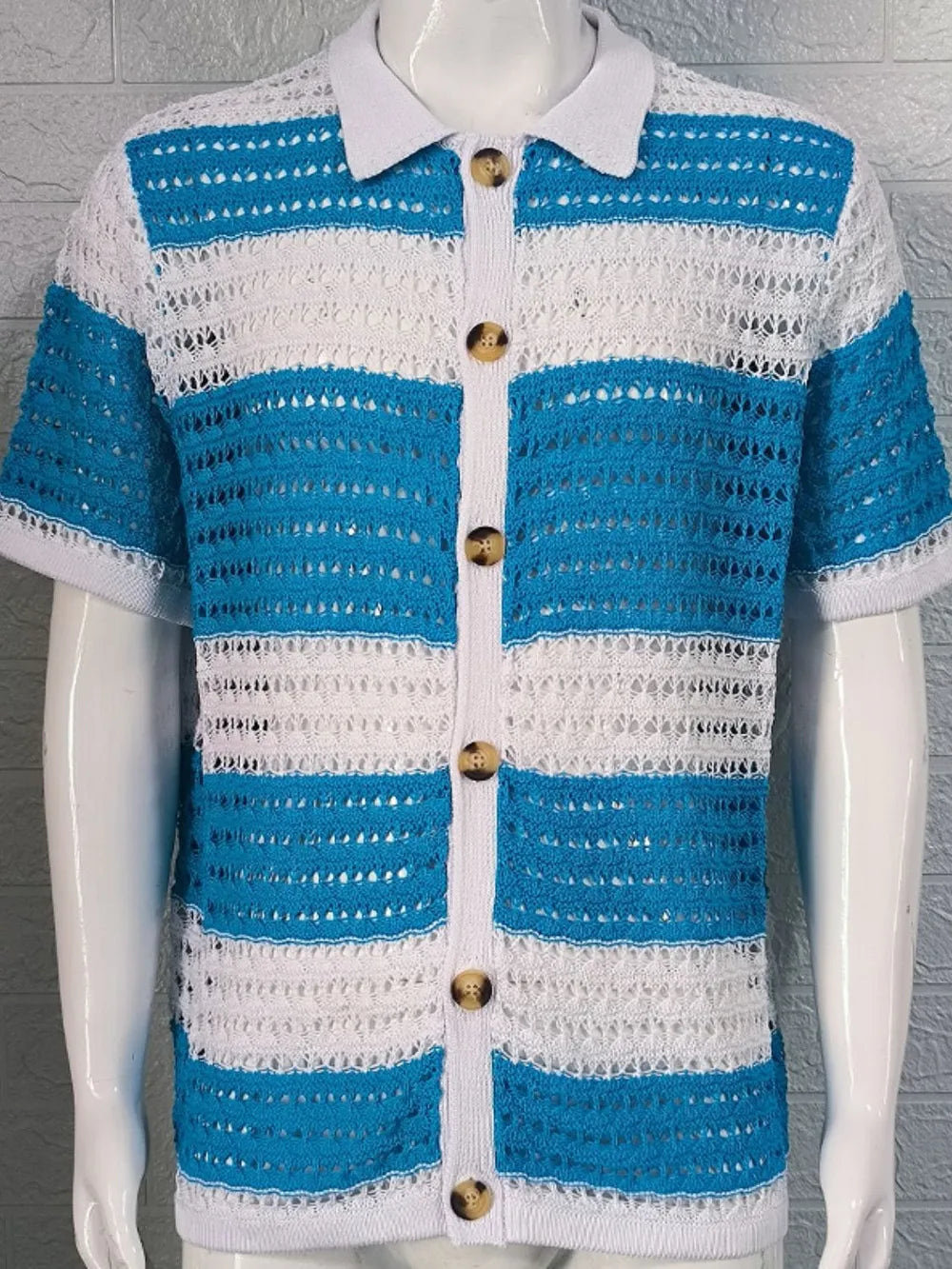 Men's Button Down Collared Neck Contrast Openwork Shirt NicholesGifts