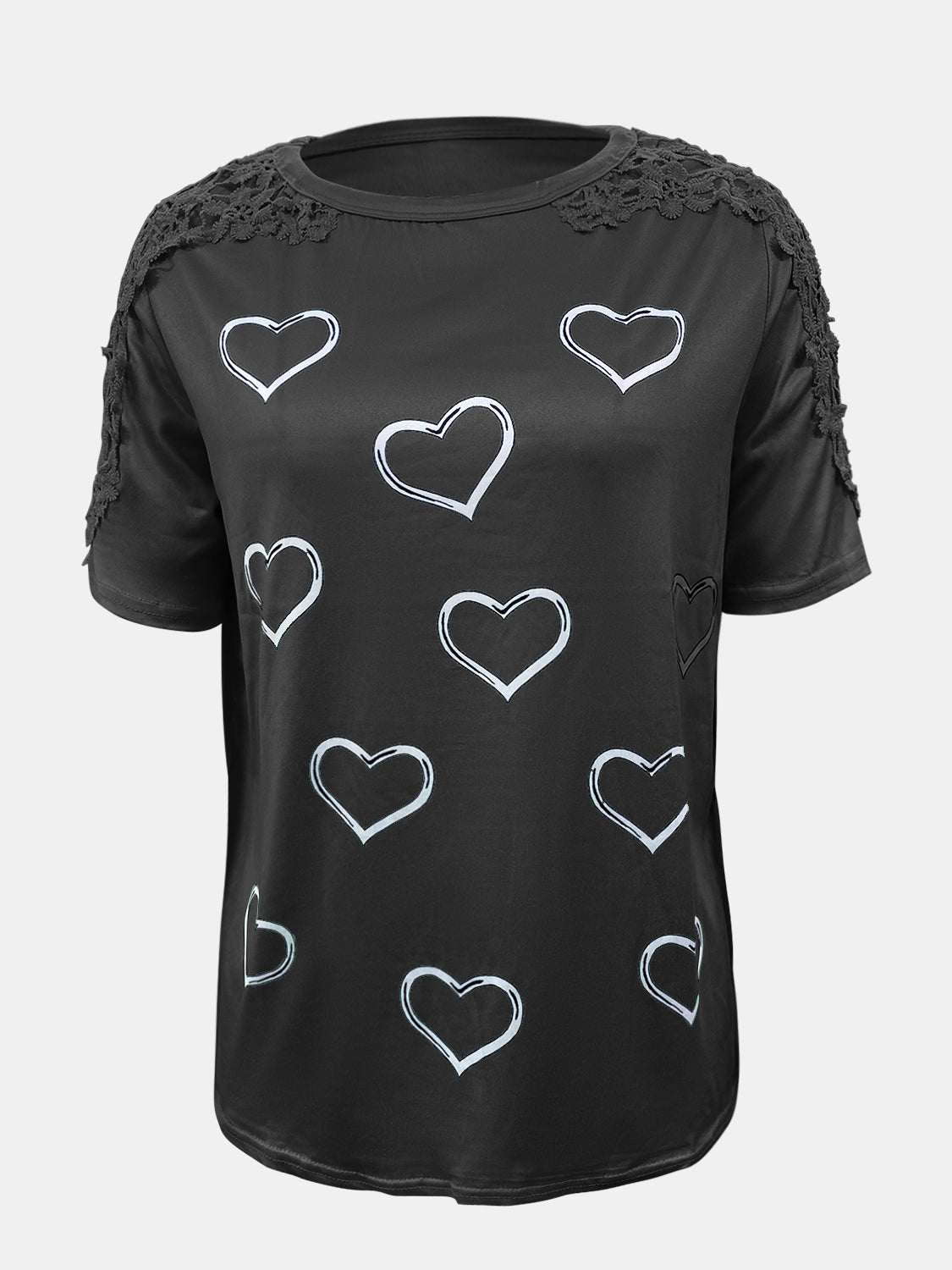 Full Size Lace Detail Heart Round Neck Short Sleeve Top nicholesgifts