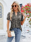 Women Ruched Printed Notched Short Sleeve Blouse nicholesgifts