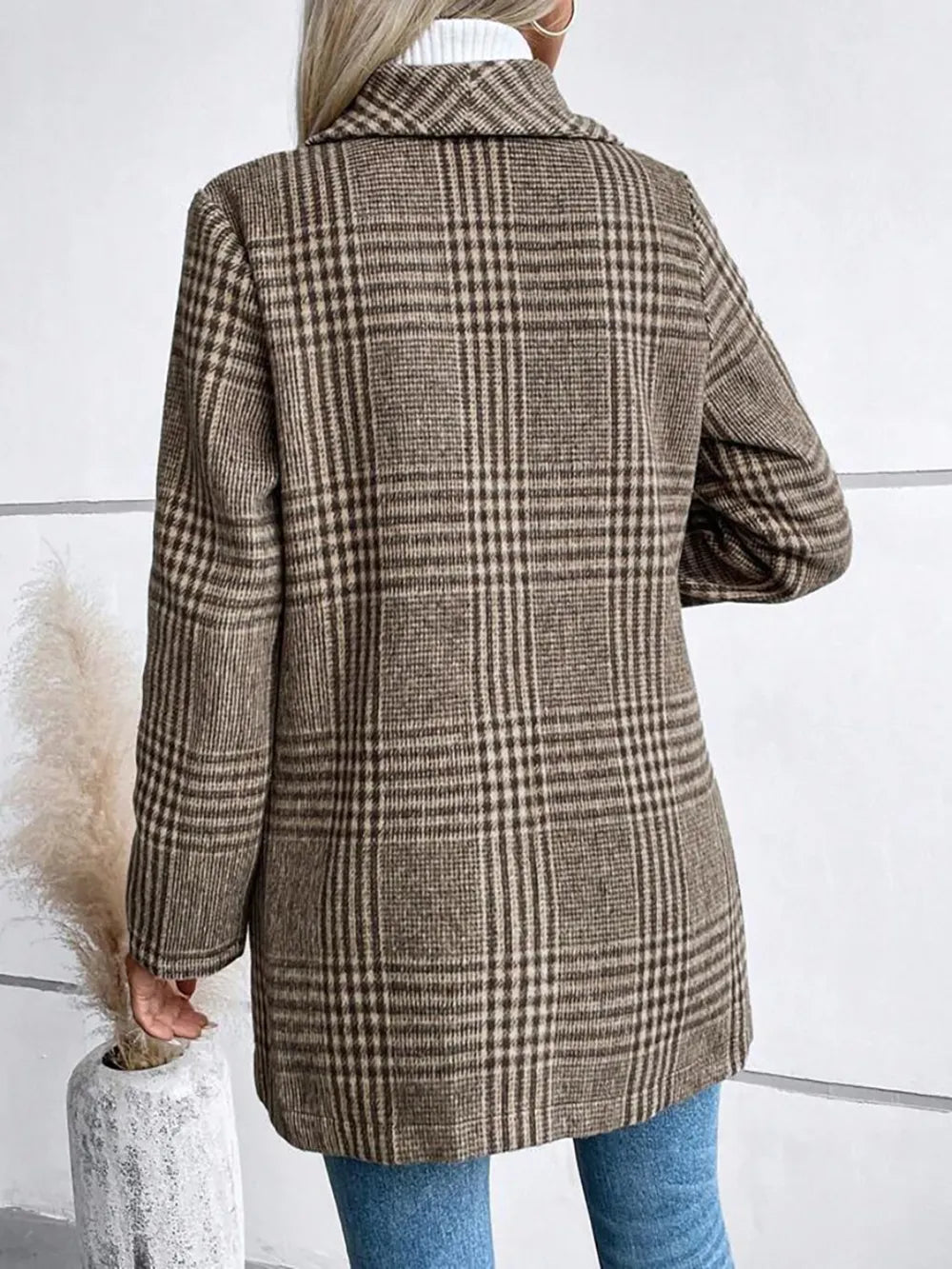 Plaid Collared Neck Long Sleeve Jacket nicholesgifts