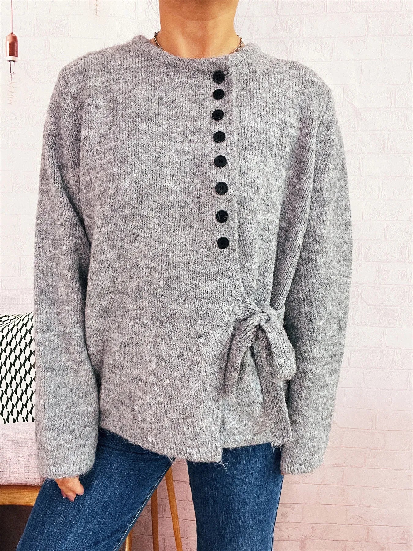 Button-Front Side-Tie Sweater