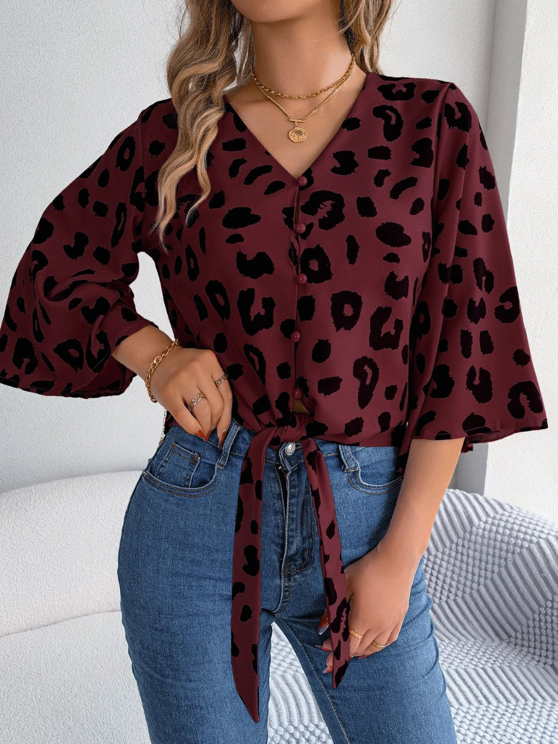 Tied Button Up Leopard V-Neck Blouse nicholesgifts