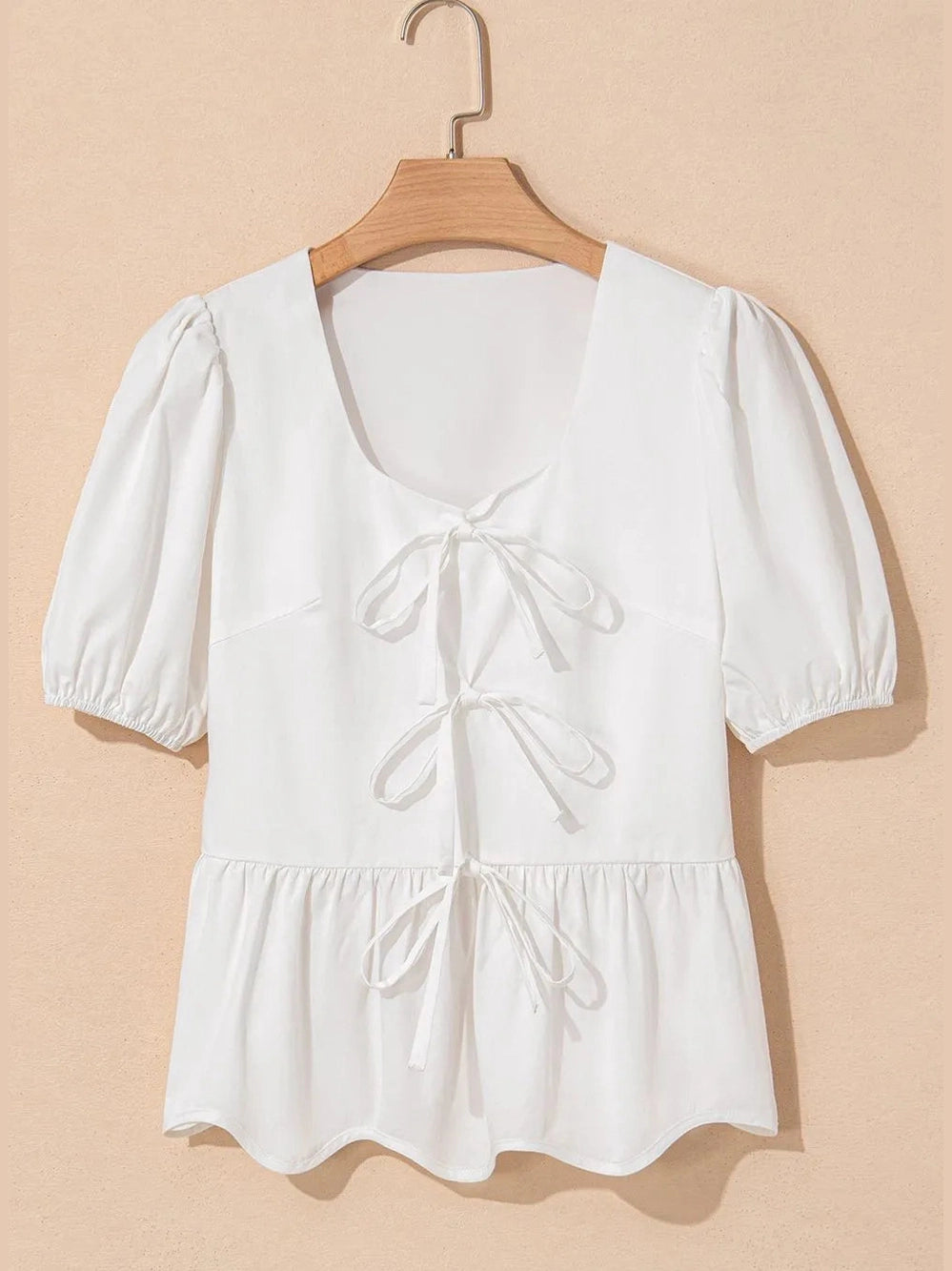 Bow Knot Decor Square Neck Puff Sleeve Peplum Top NicholesGifts