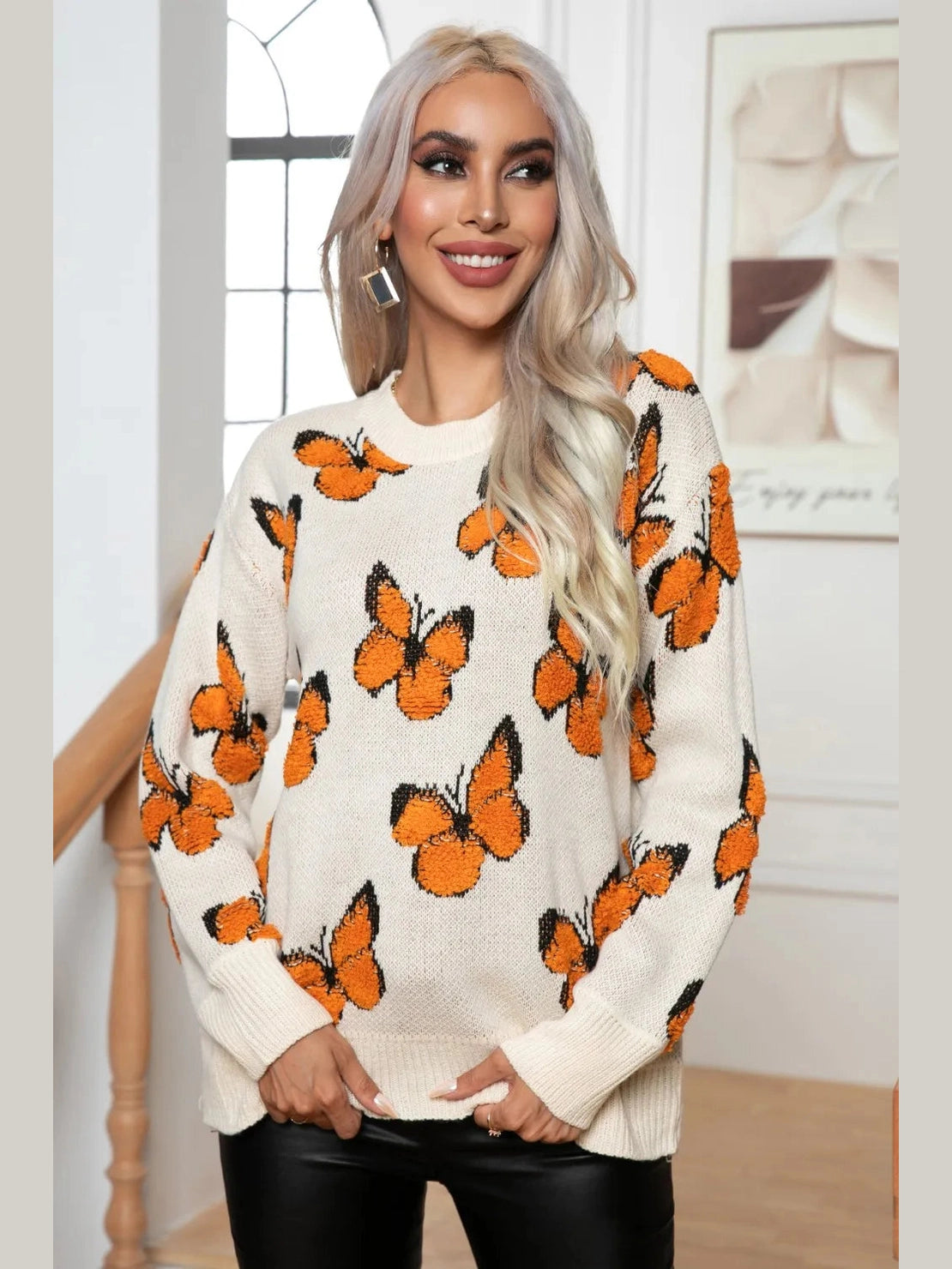 Butterfly Round Neck Long Sleeve Sweater Trendsi