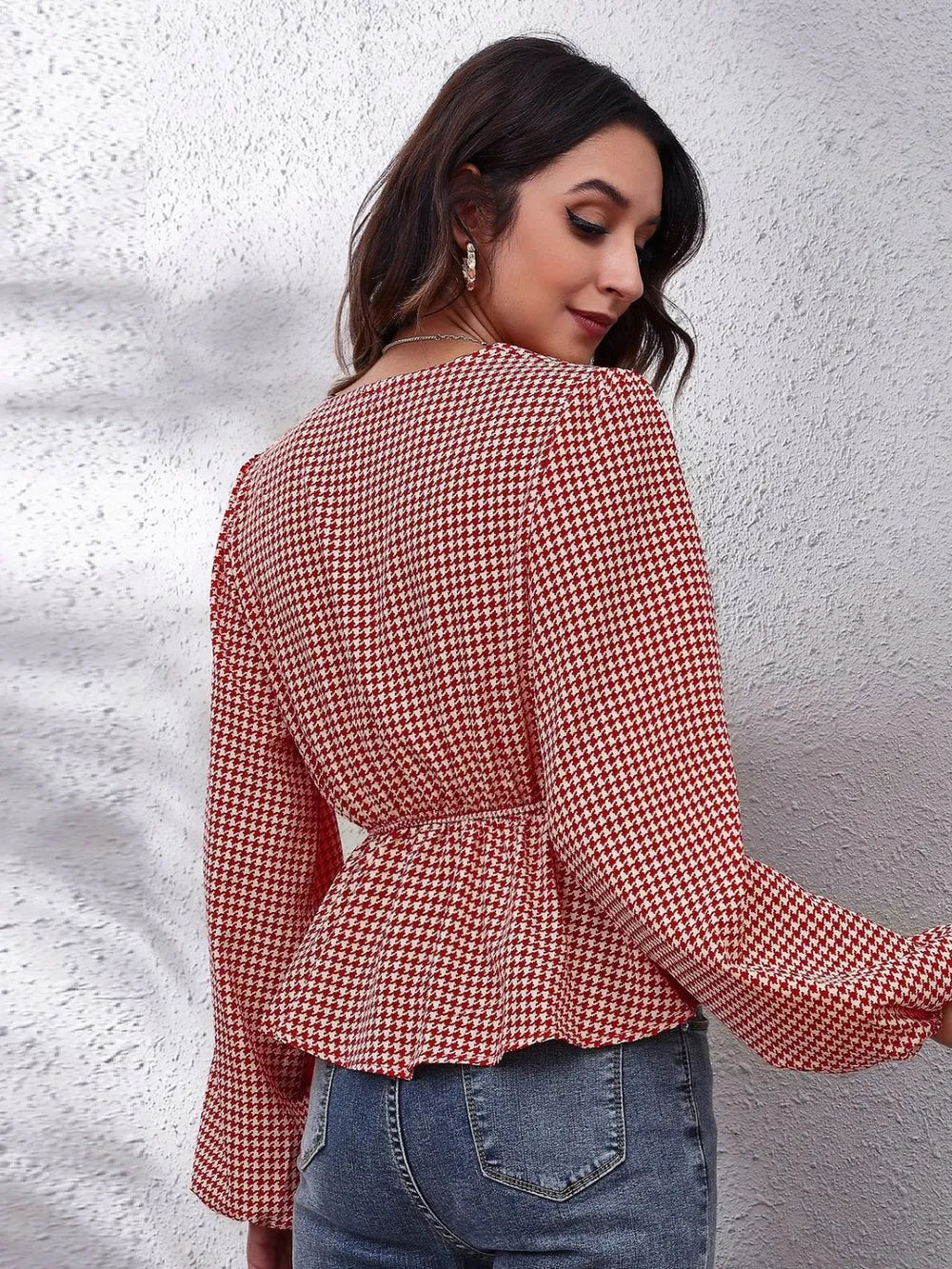 Ruched Printed V-Neck Long Sleeve Blouse nicholesgifts
