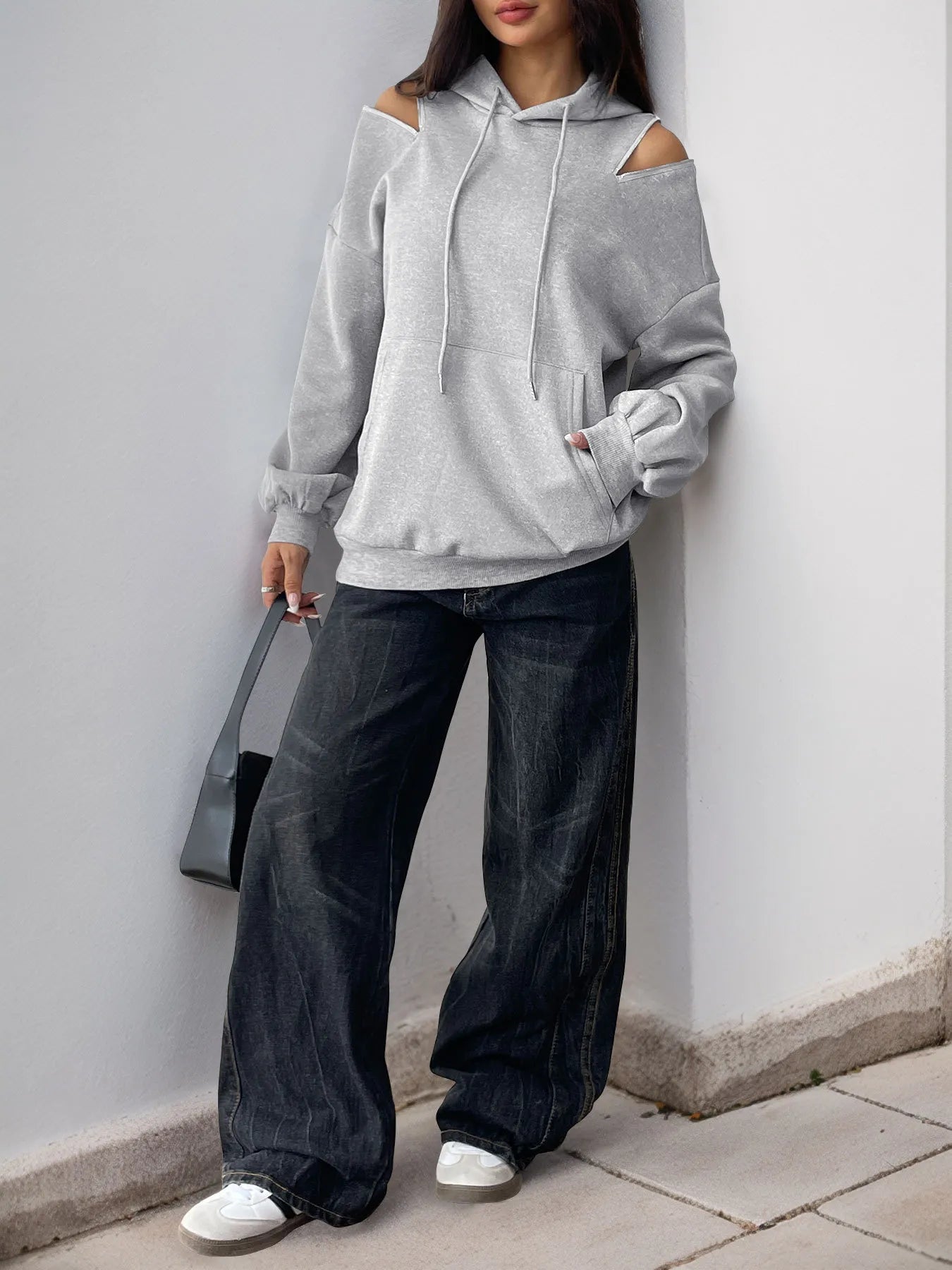 Drawstring Zip Detail Cold Shoulder Hoodie