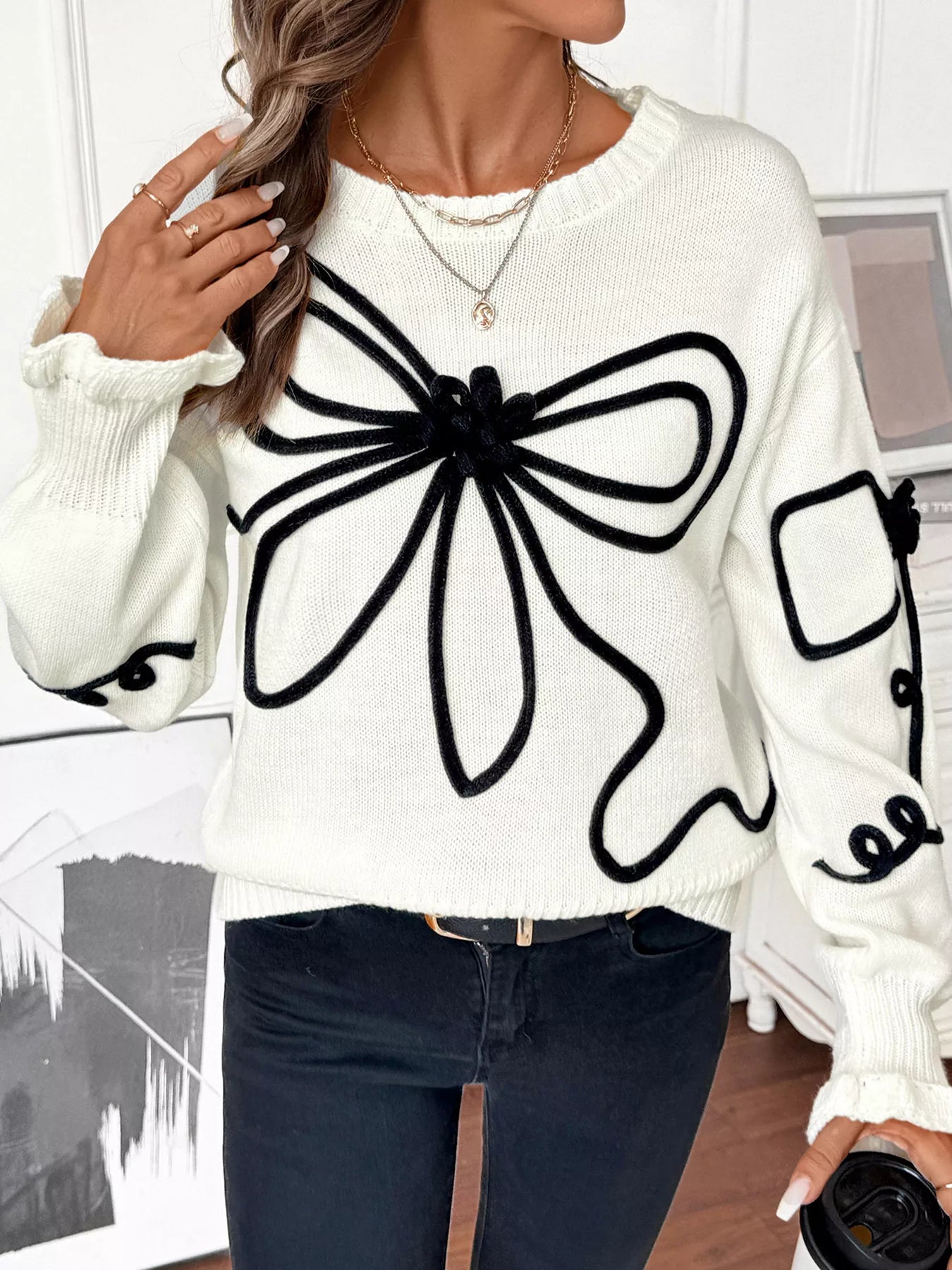 Bow Pattern Long Sleeve Sweater
