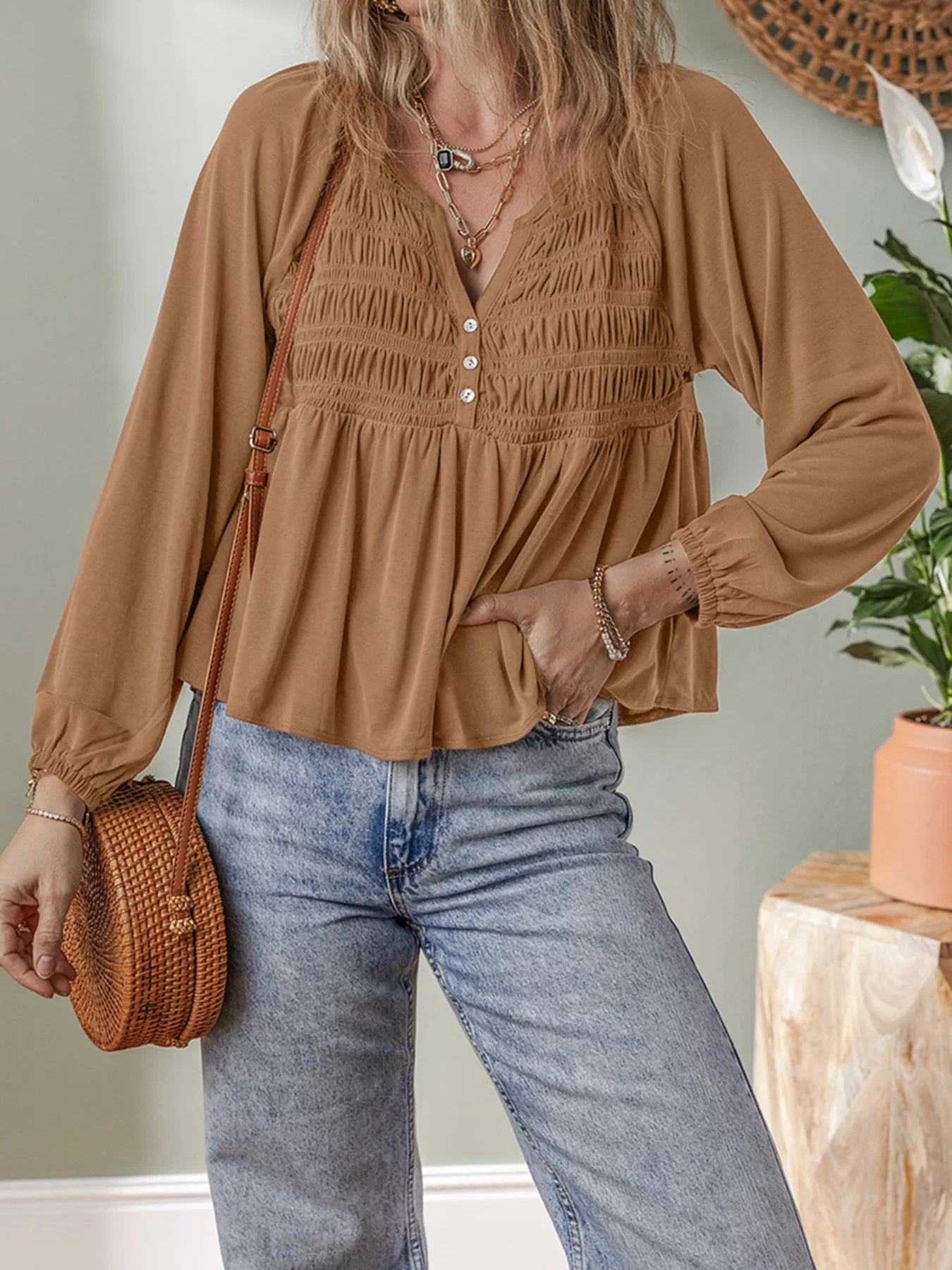 Smocked Buttoned Split V Neck Flow Fit Blouse Trendsi