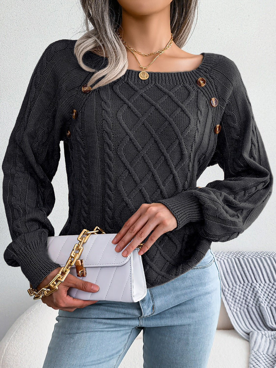 Decorative Button Cable-Knit Sweater Trendsi