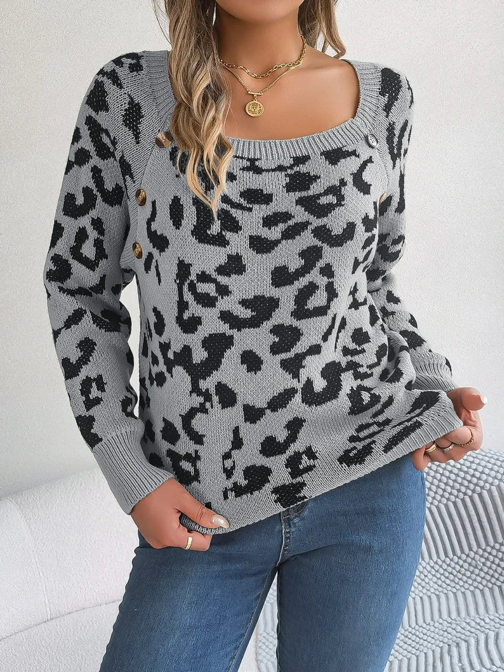 Leopard Buttoned Square Neck Sweater Trendsi