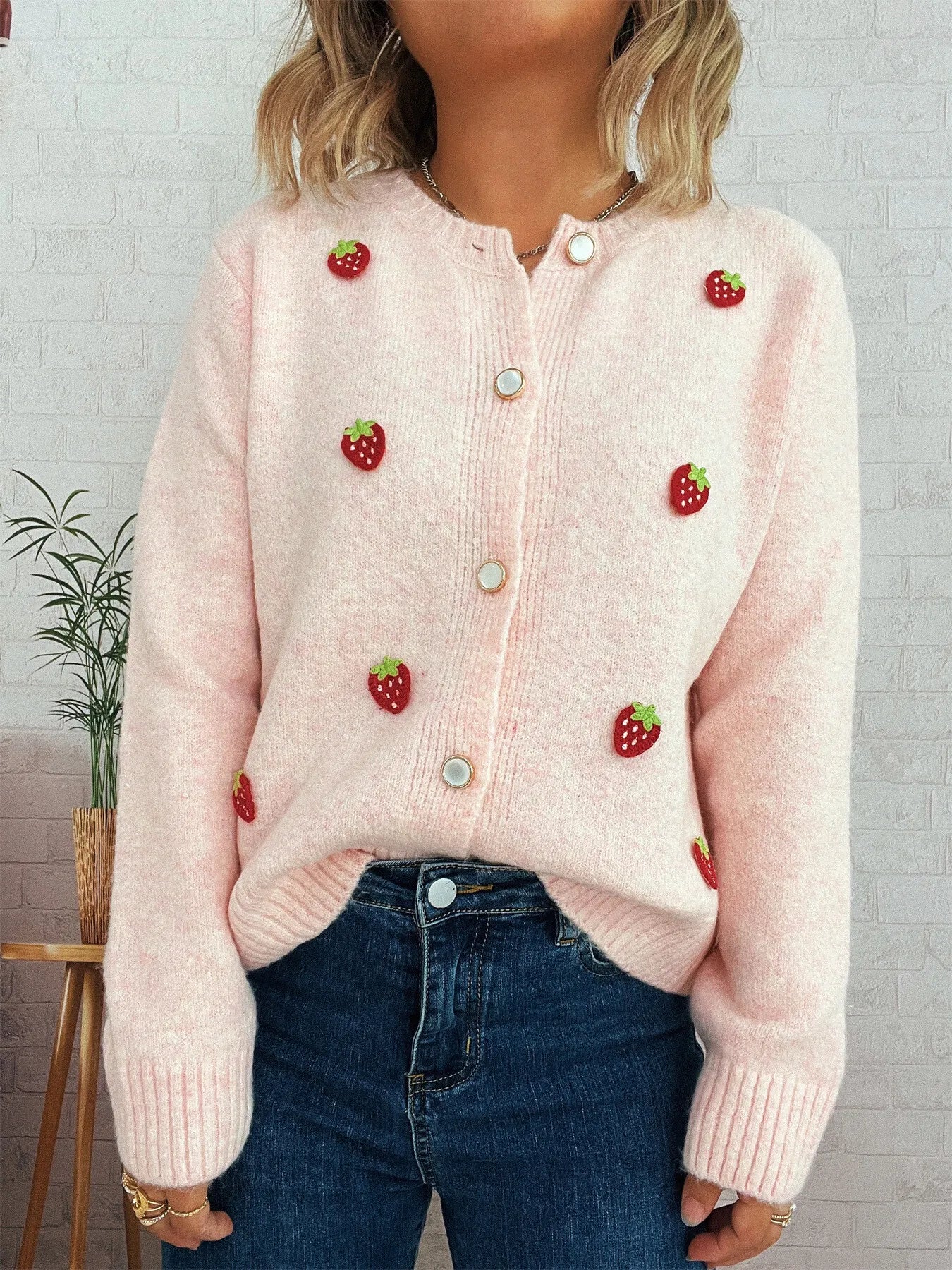 Strawberry Button Up Long Sleeve Cardigan Trendsi