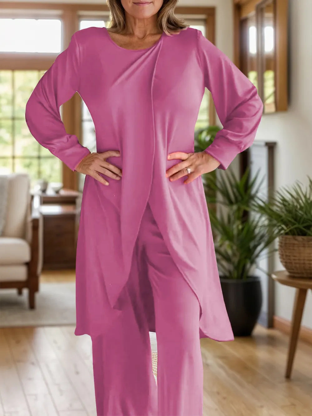 Full Size Slit Round Neck Long Sleeve Top and Pants Set Trendsi