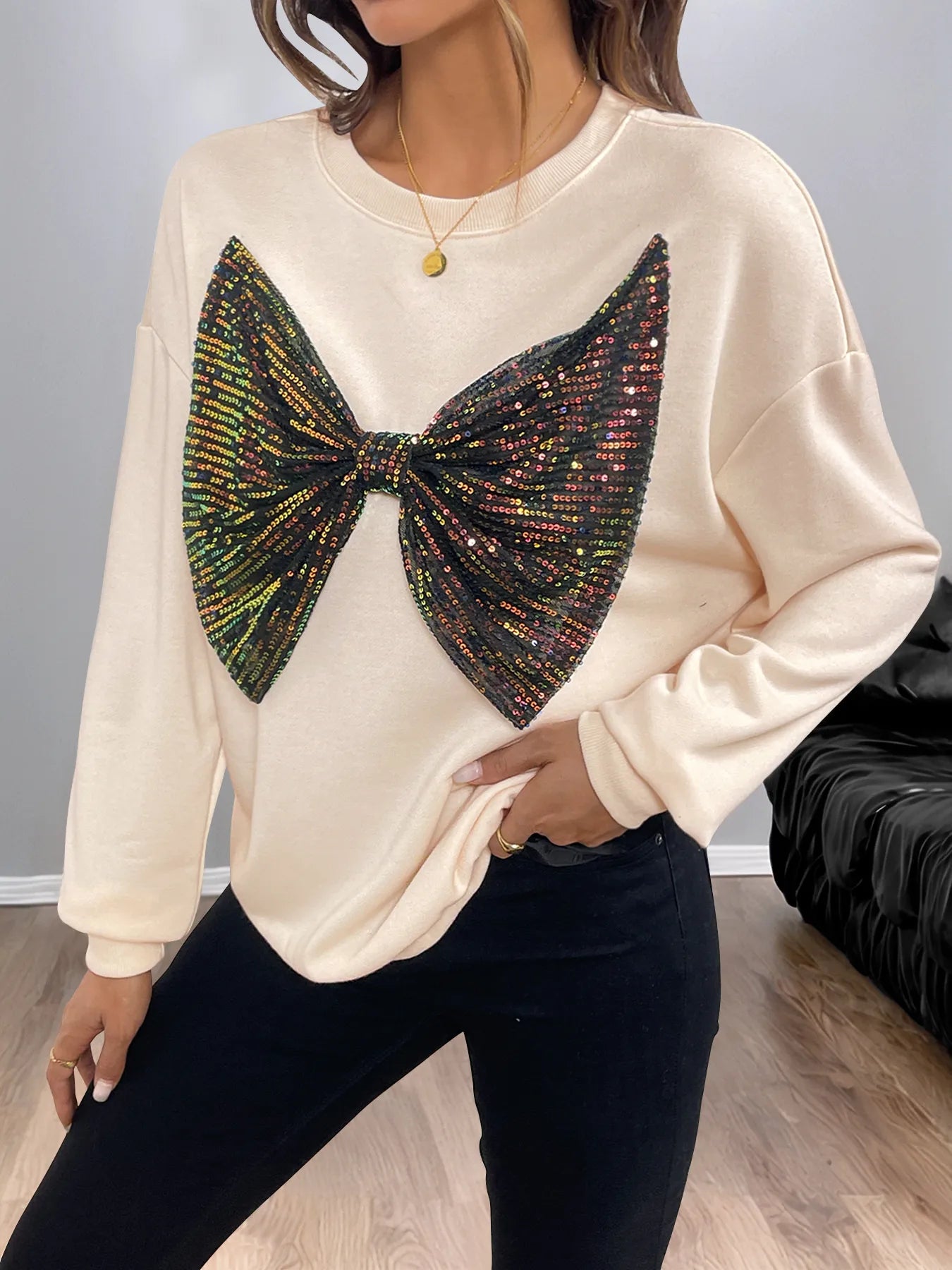 Sequined Bow Round Neck Sweatshirt NicholesGifts