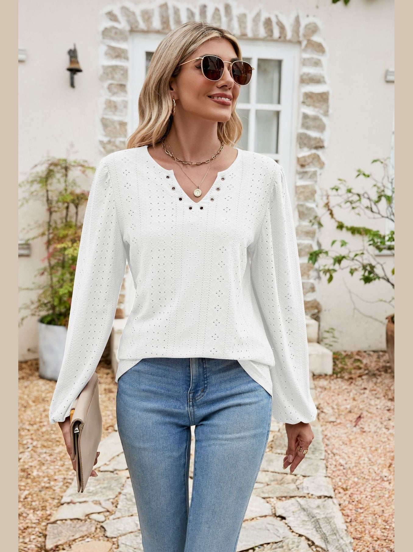 Eyelet Notched Neck Balloon Sleeve Blouse