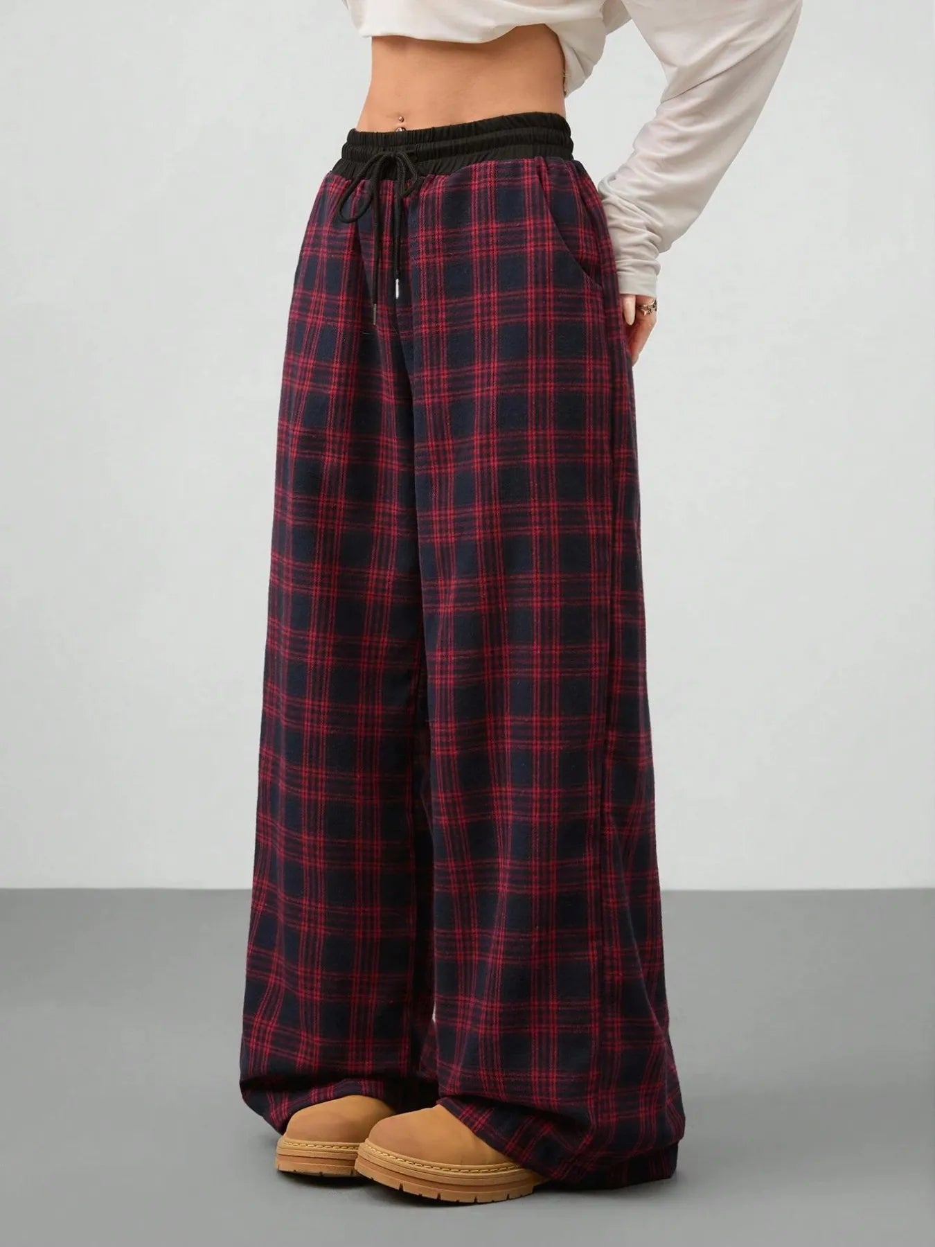 Plaid Wide Leg Pants with Drawstring Waist Trendsi