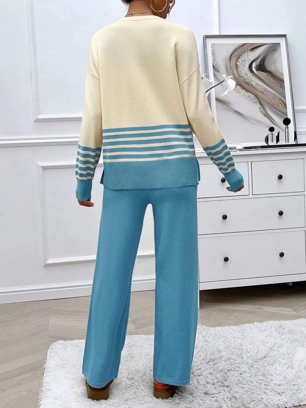 Devine Slit Striped Round Neck Top and Pants Sweater Set nicholesgifts