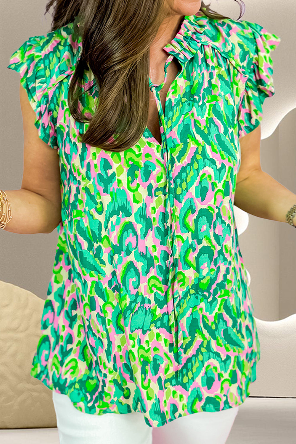 Ruffled Printed Tie Neck Cap Sleeve Blouse nicholesgifts