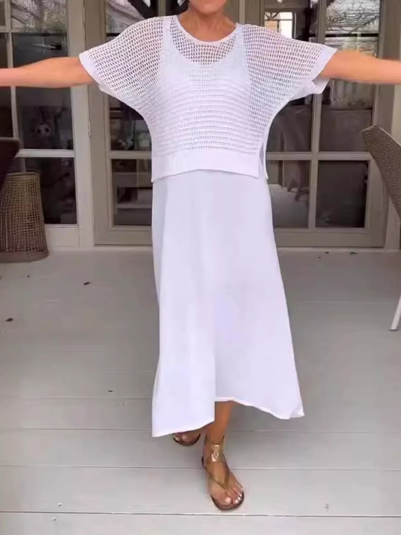 Full Size Openwork Knit Cover Up and Dress Set Plus Size Trendsi