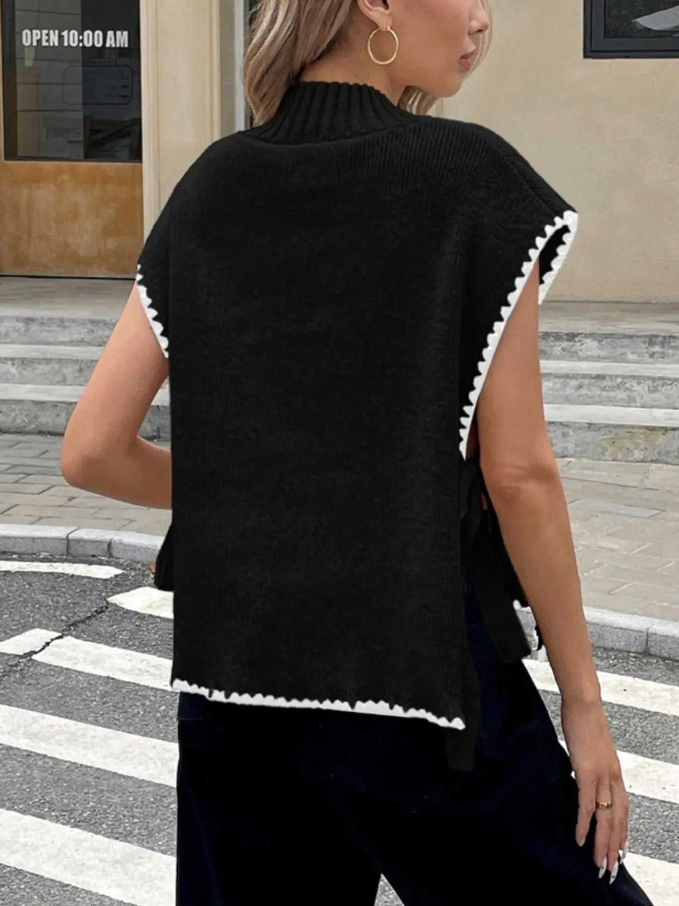 Ribbed Turtleneck Sweater Vest with Contrast Trim Trendsi