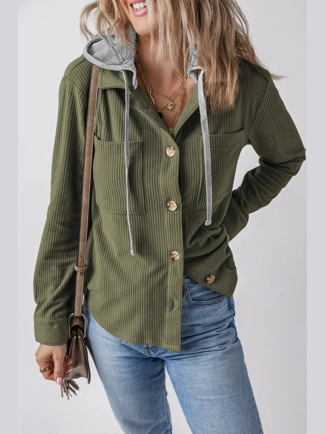 Drawstring Button Up Long Sleeve Hooded Jacket nicholesgifts