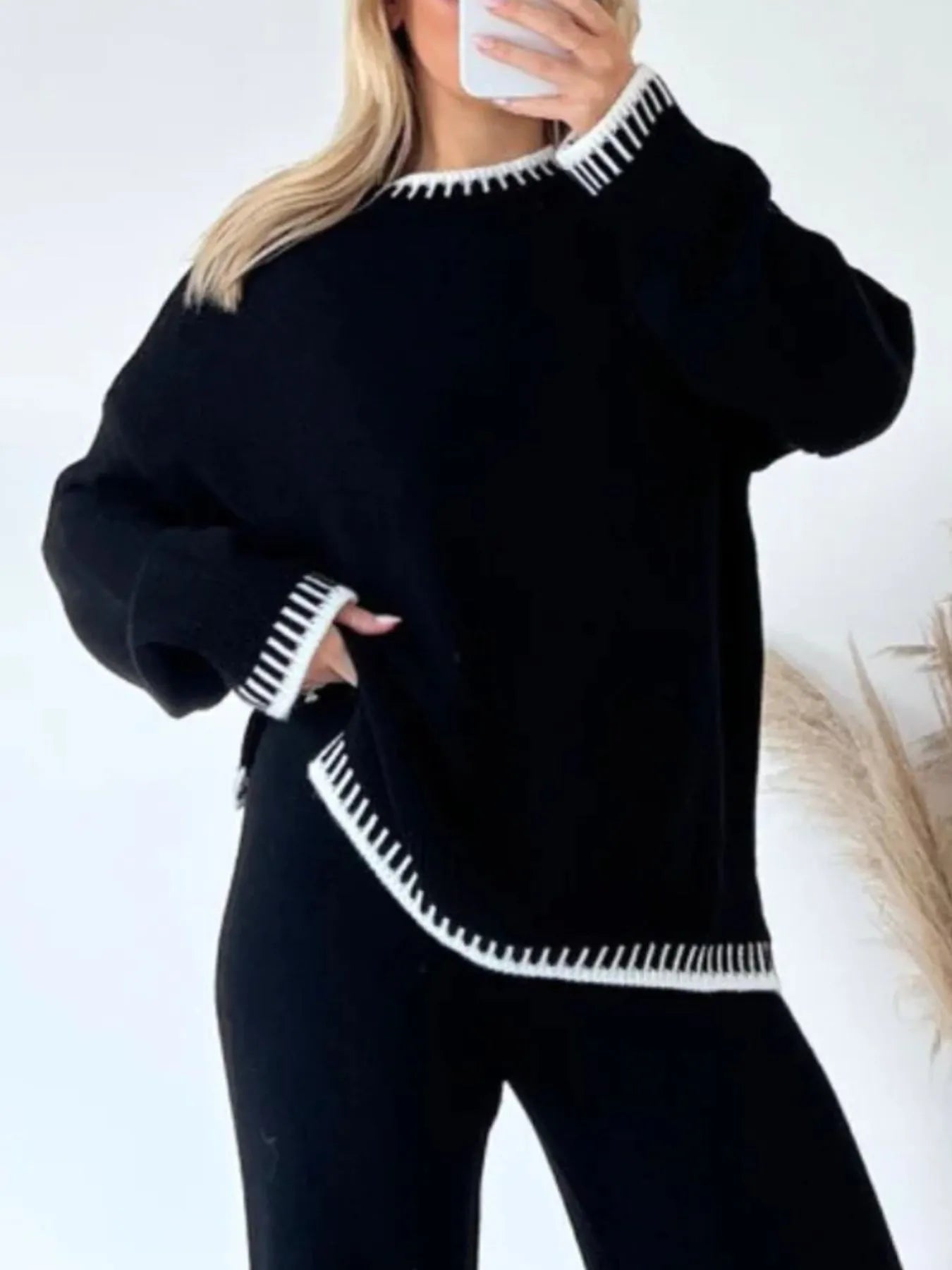 Contrast Trim Round Neck Top and Pants Sweater Set NicholesGifts