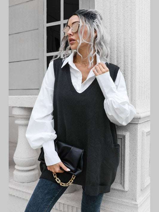 V-Neck Sleeveless Sweater Vest with Pocket nicholesgifts