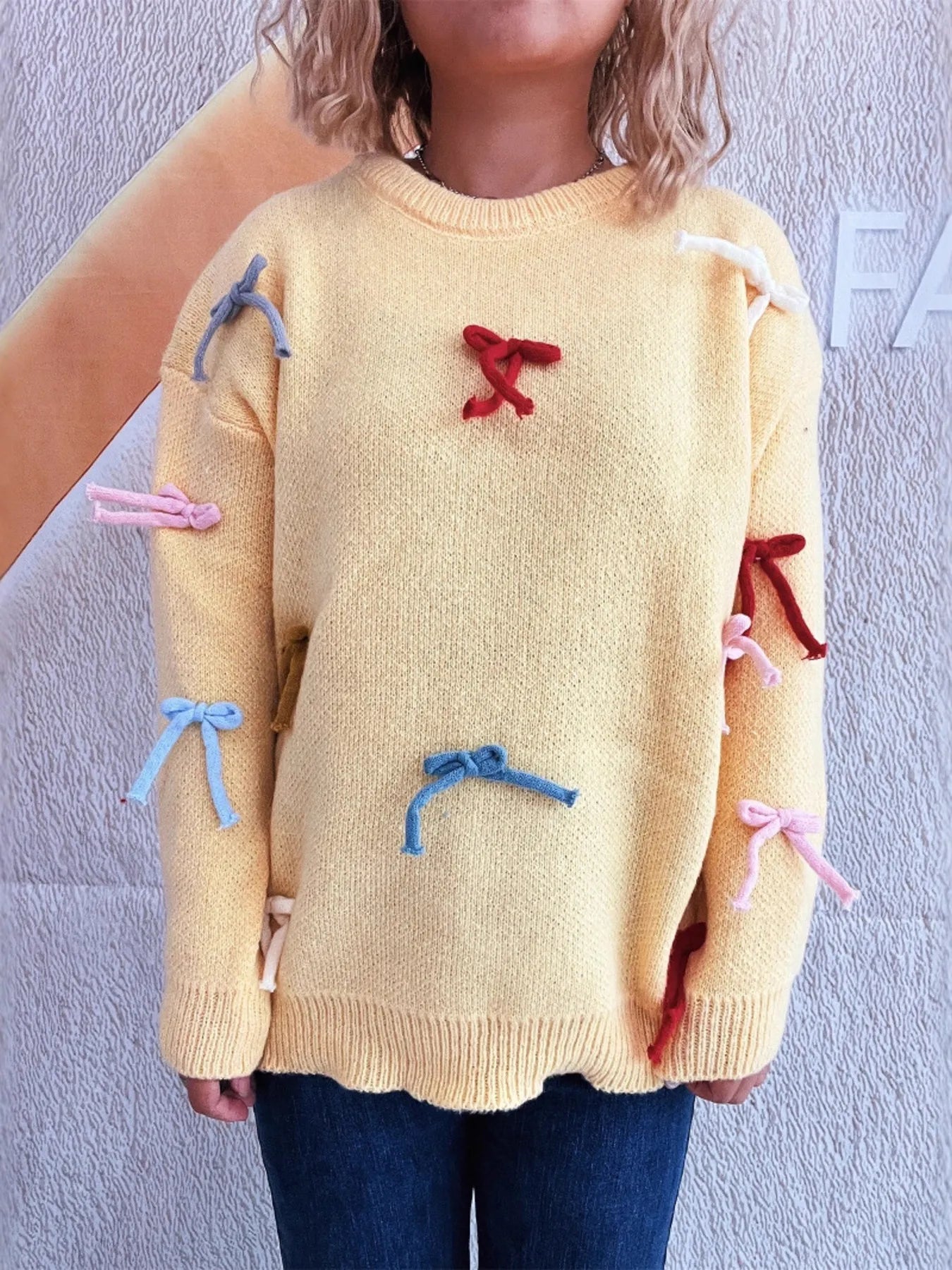 Colorful Bow Round Neck Sweater