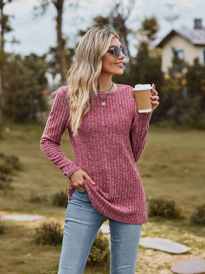Ribbed Round Neck Long Sleeve Tee nicholesgifts