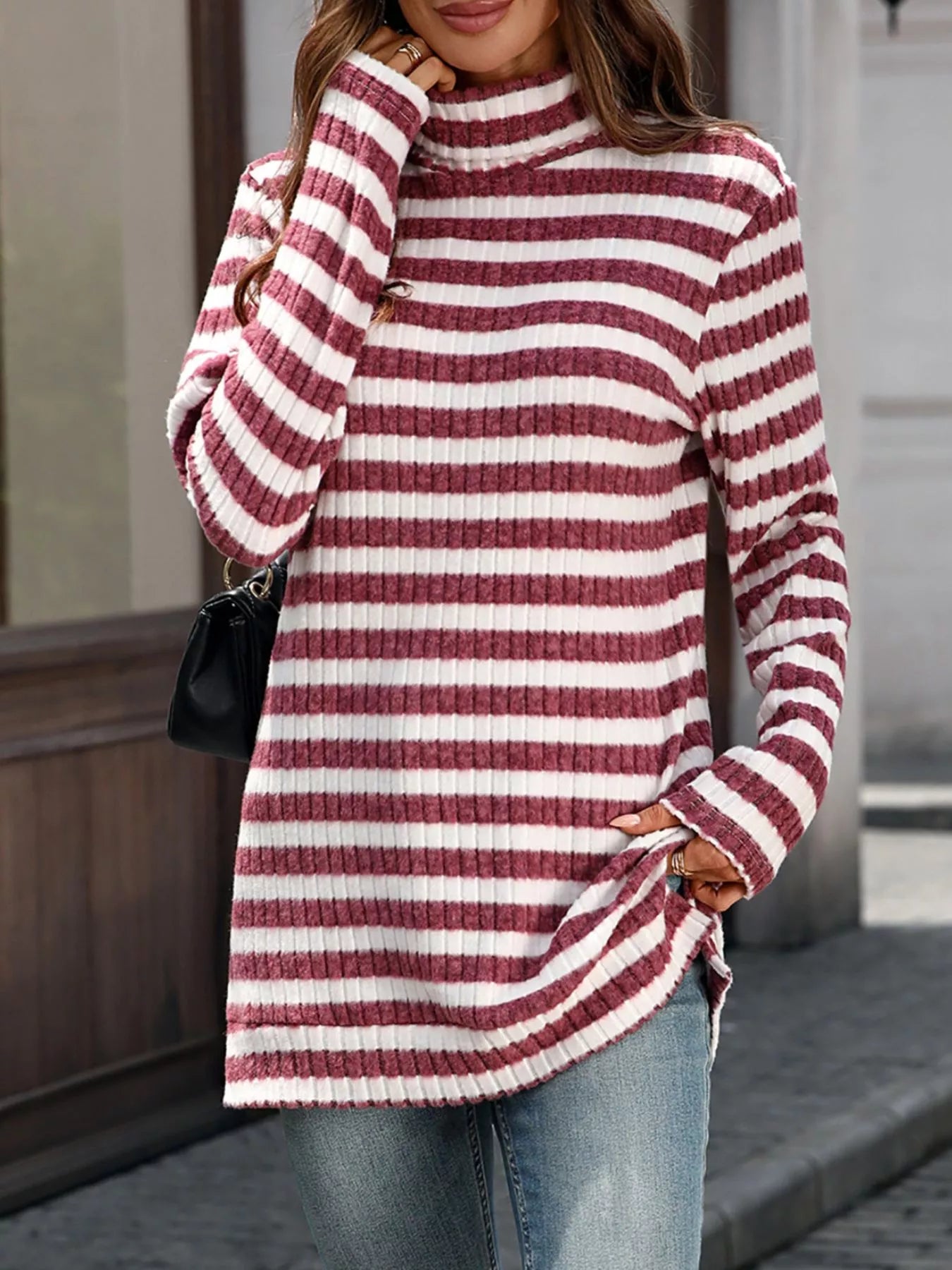 Striped Turtleneck Long Sleeve Knit Top Trendsi