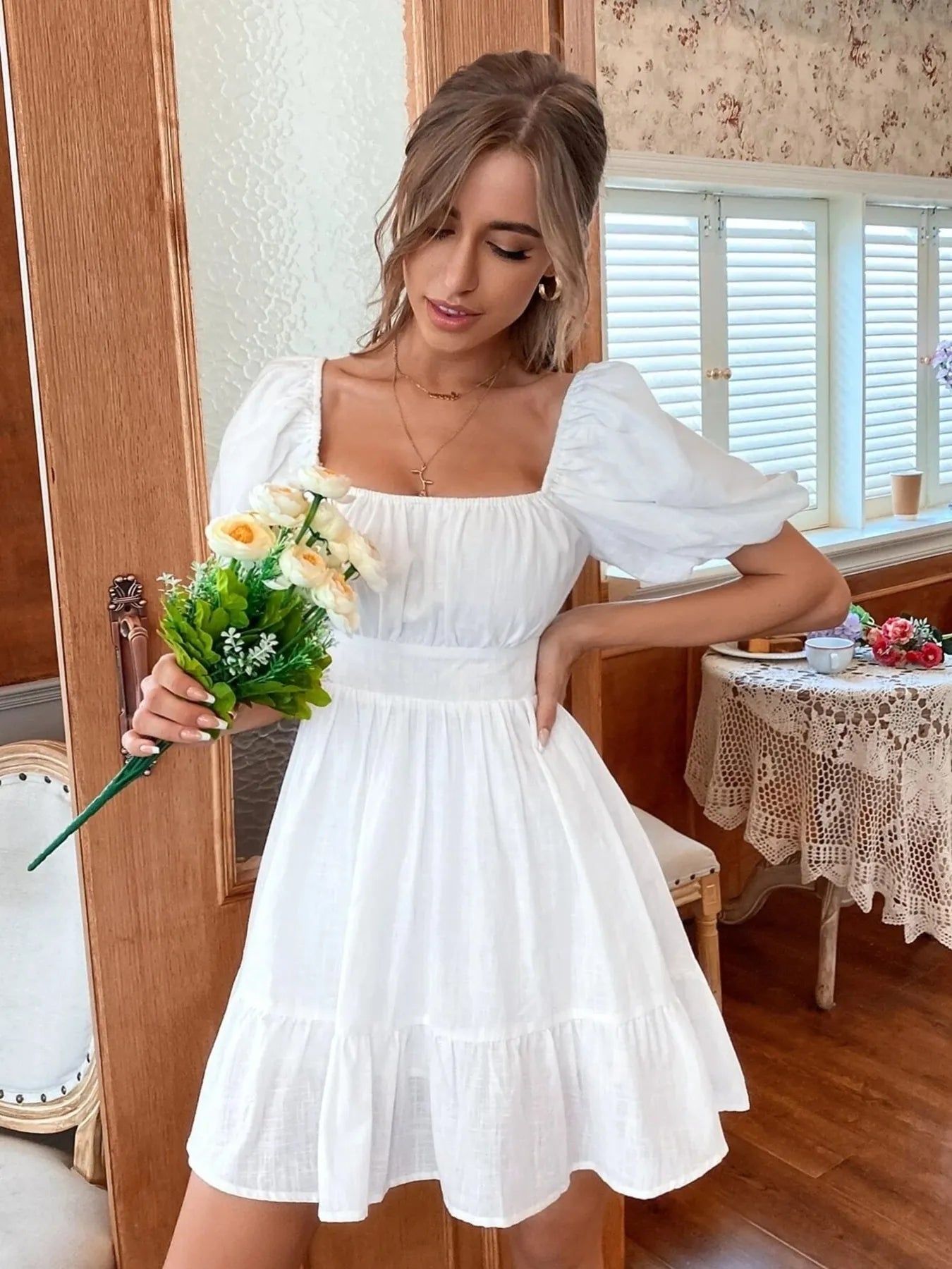 Square Neck Puff Sleeve Mini Dress NicholesGifts