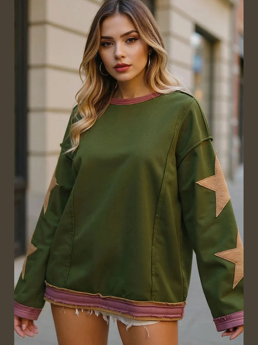 Double Take Star Patched Long Sleeve Sweatshirt Trendsi