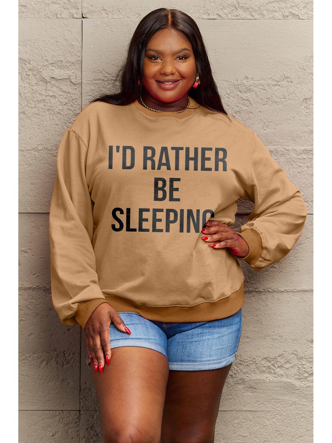 Simply Love Full Size I'D RATHER BE SLEEPING Round Neck Sweatshirt nicholesgifts