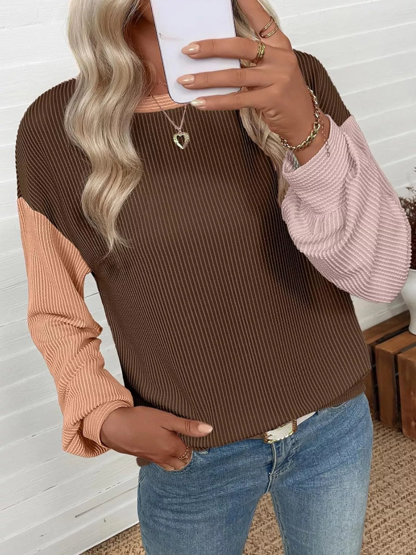 Color Block Ribbed Long Sleeve T-Shirt Trendsi