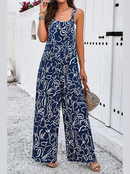 Devine Printed Wide Strap Jumpsuit with Pockets nicholesgifts