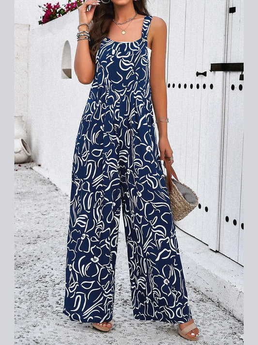 Devine Printed Wide Strap Jumpsuit with Pockets nicholesgifts