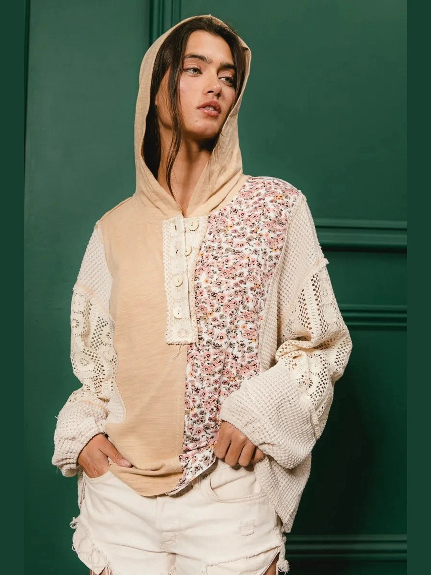 BiBi Slub Jersey with Lace Combo Buttoned Hoodie Top