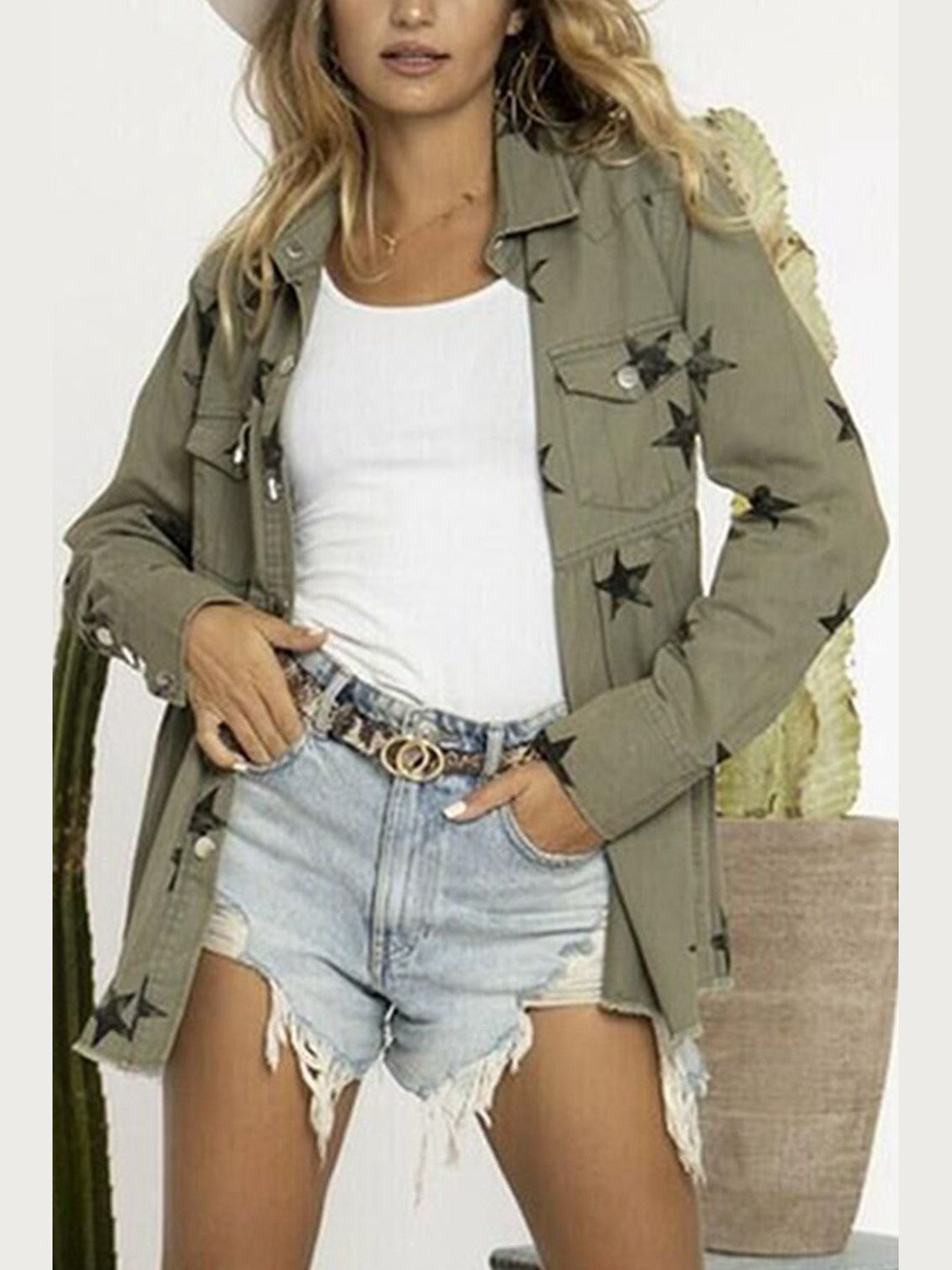 Collared Neck Star Print Long Sleeve Denim Jacket nicholesgifts