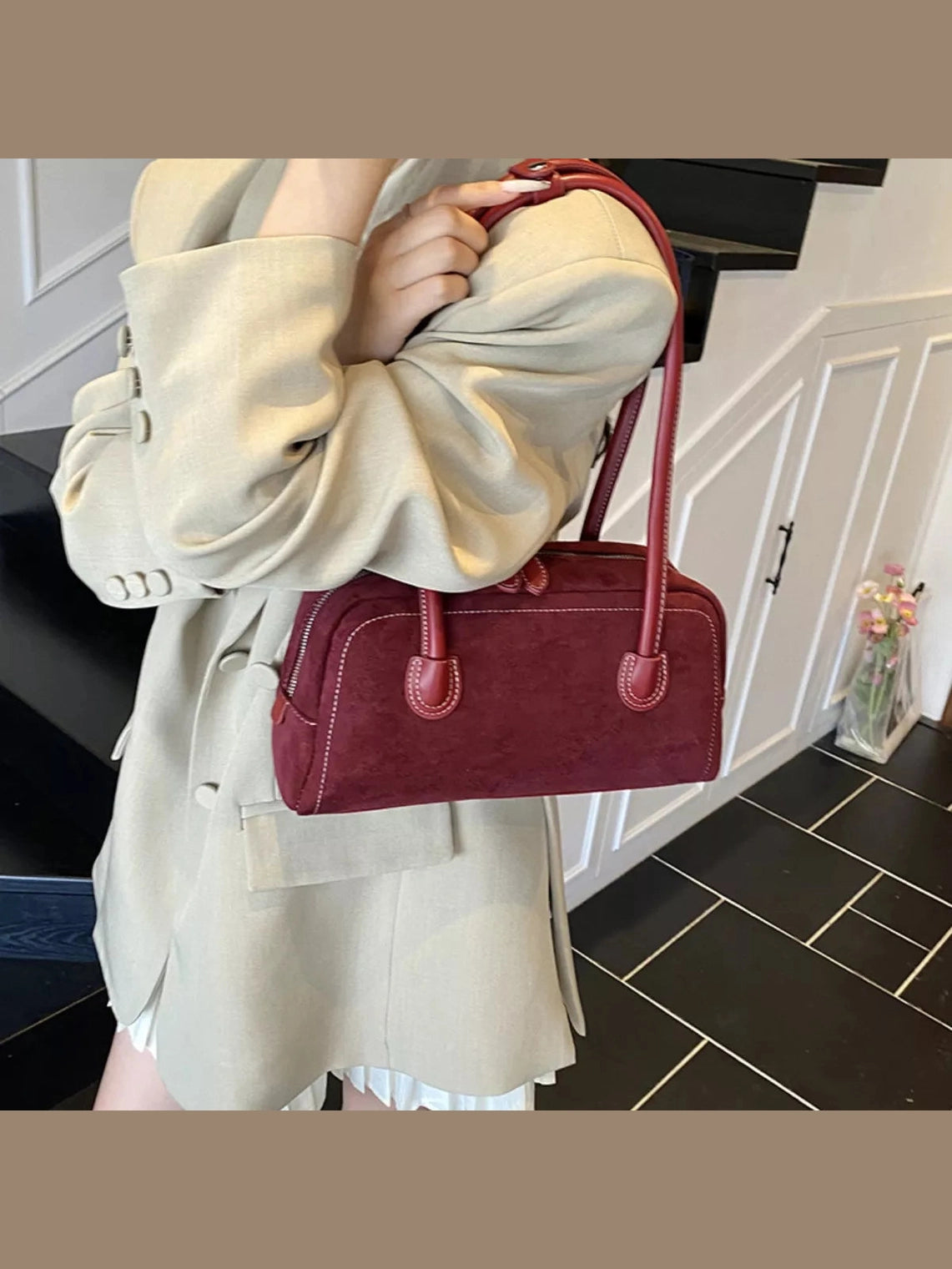 Velvet Shoulder Bag with Leather Strap nicholesgifts