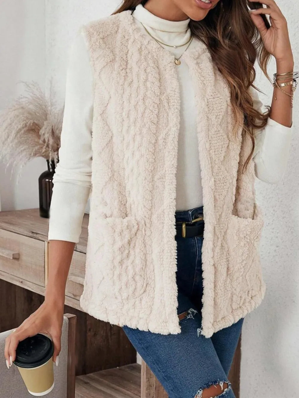 Fuzzy Open Front Vest with Pockets nicholesgifts