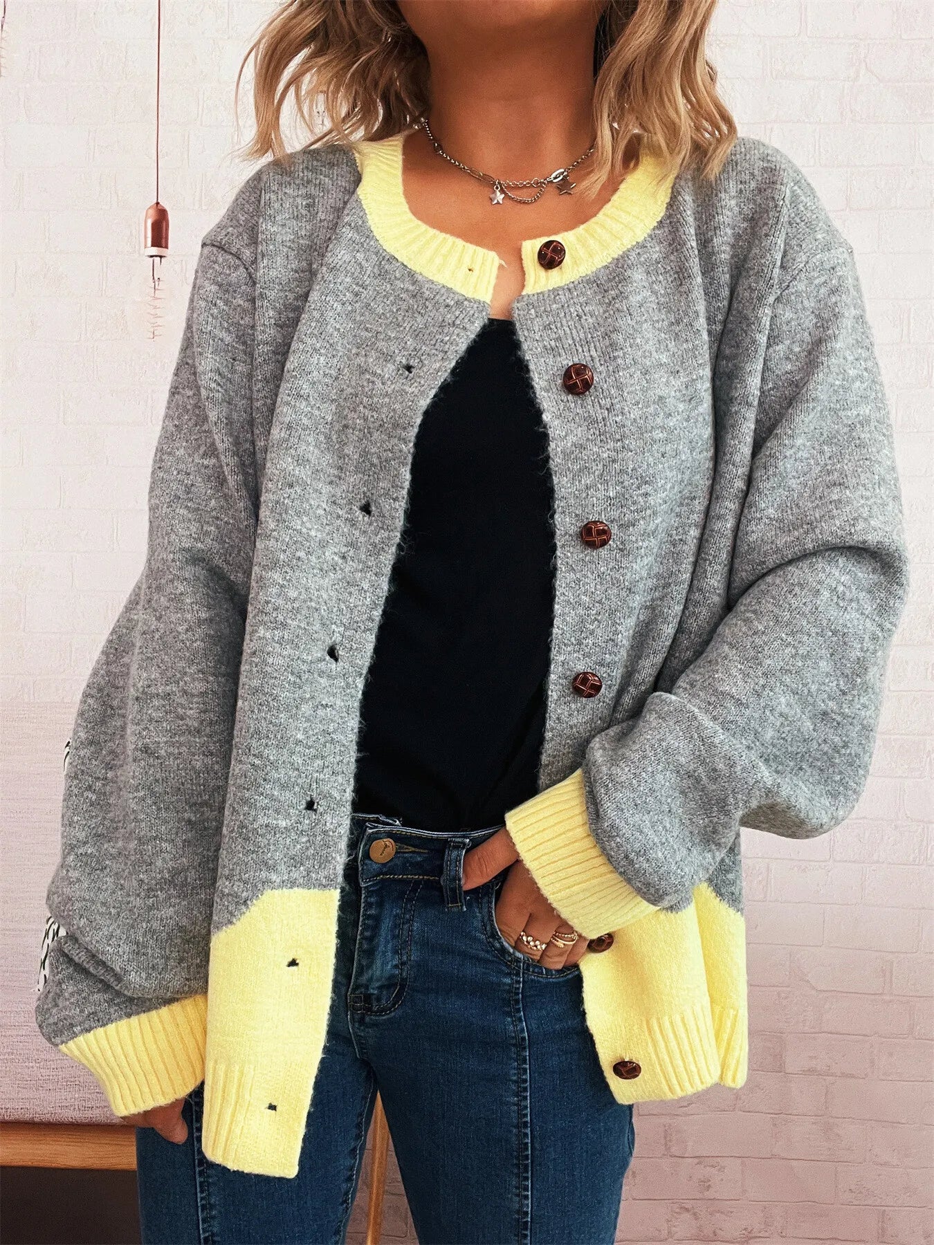 Button-Front Contrast Trim Cardigan
