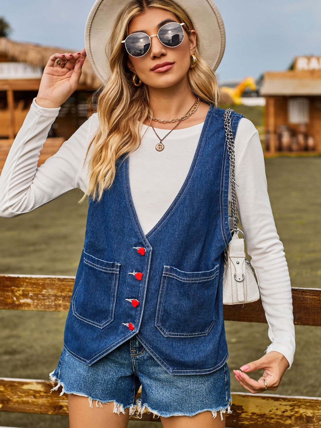 Pocketed Button Up Sleeveless Denim Jacket NicholesGifts